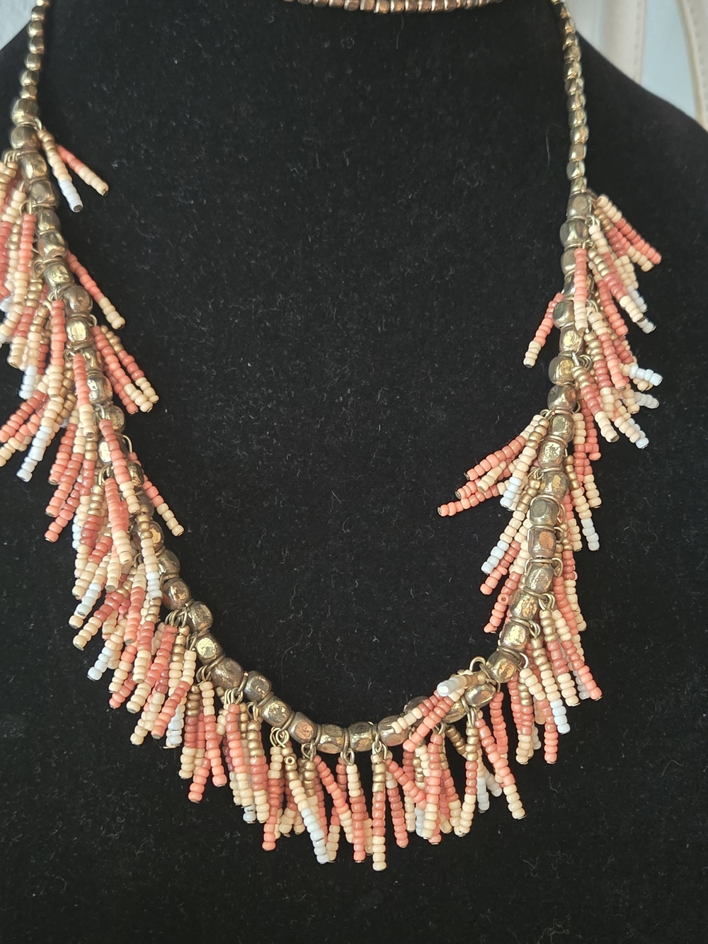 Beaded Fringe Necklace - Coral and Cream